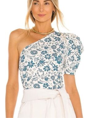 Free People One-Shoulder Floral Puff-Sleeve Top in Teal and White